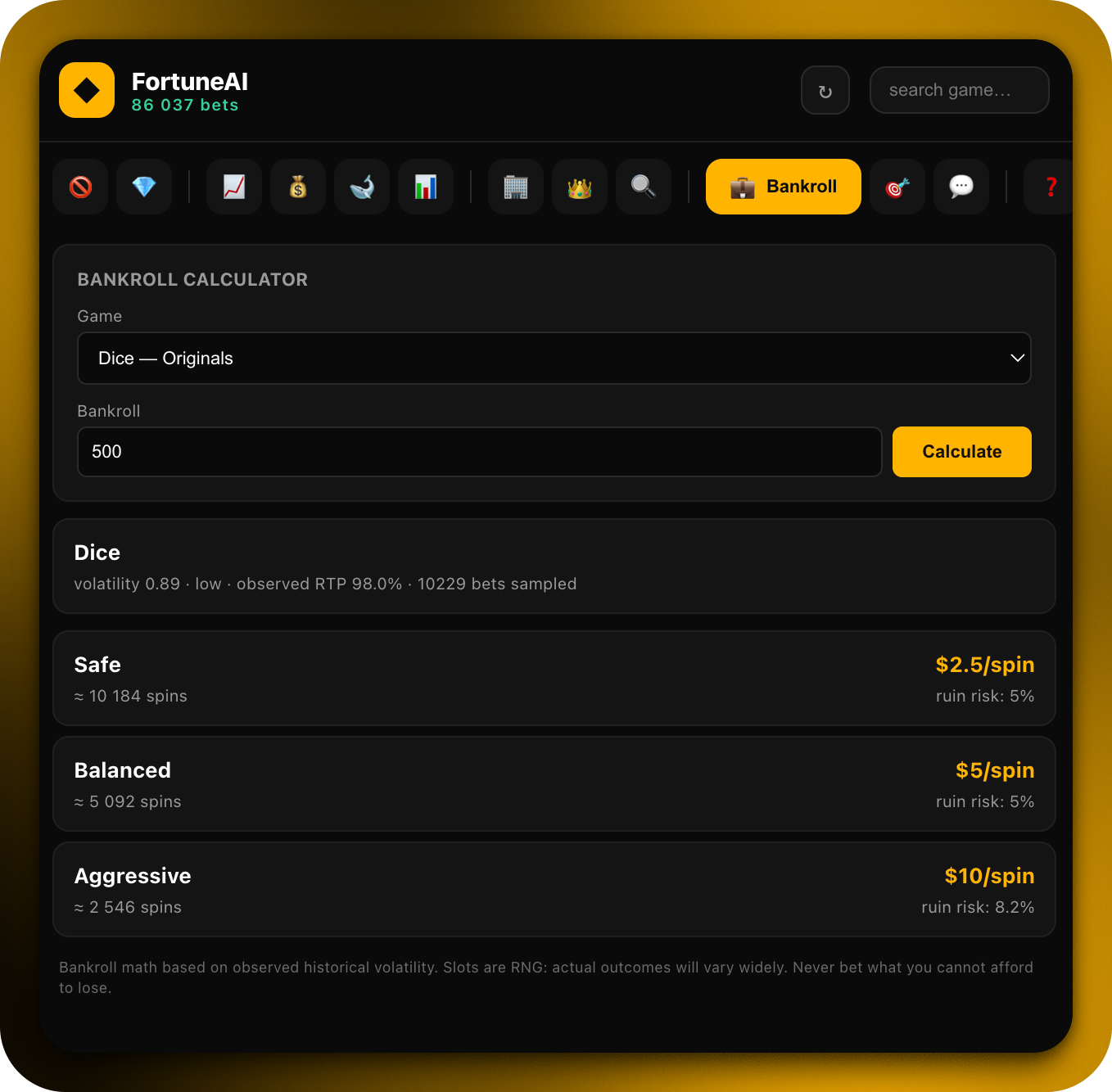 Bankroll calculator with Safe/Balanced/Aggressive tiers