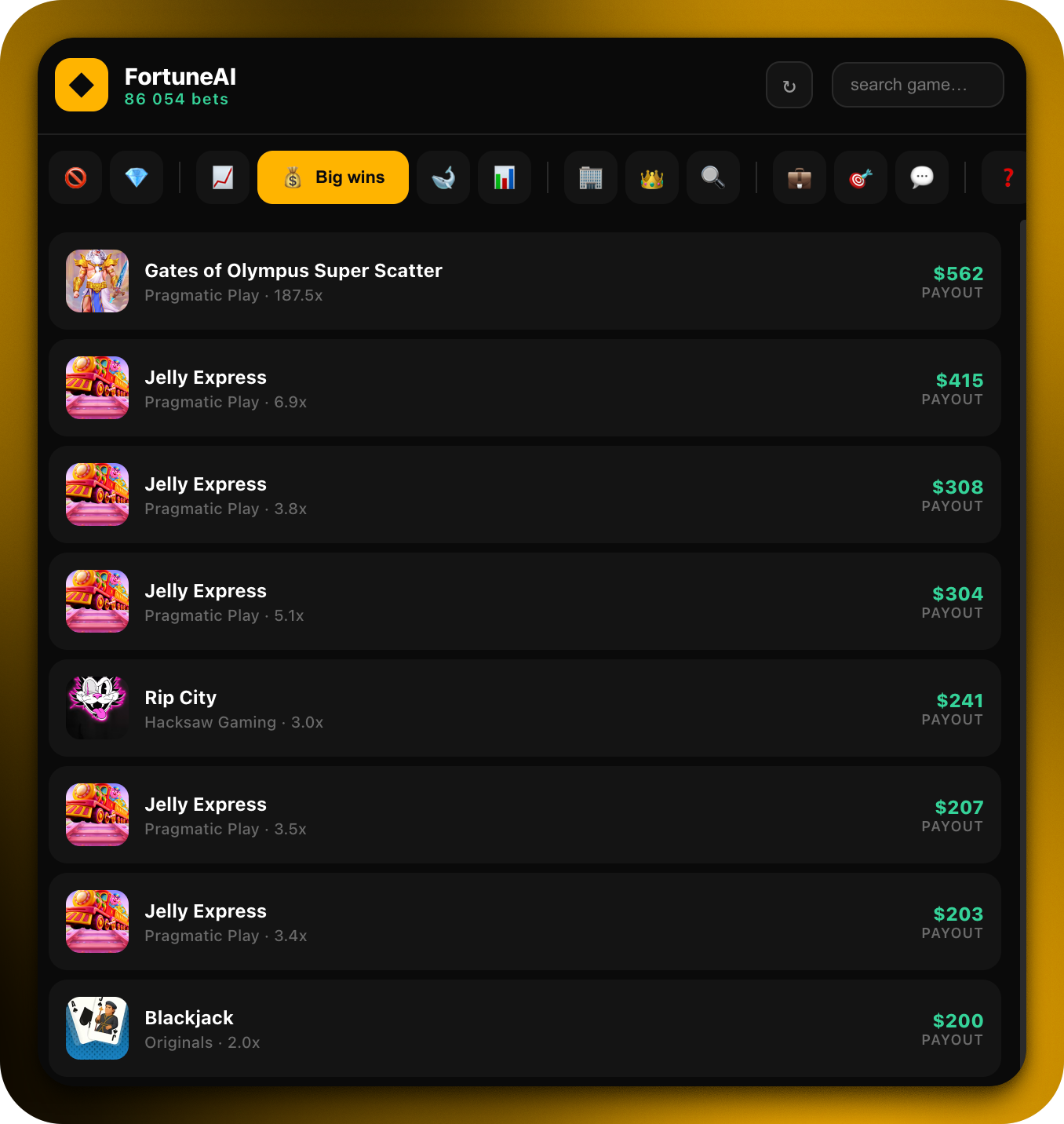 Big wins feed with payouts and multipliers